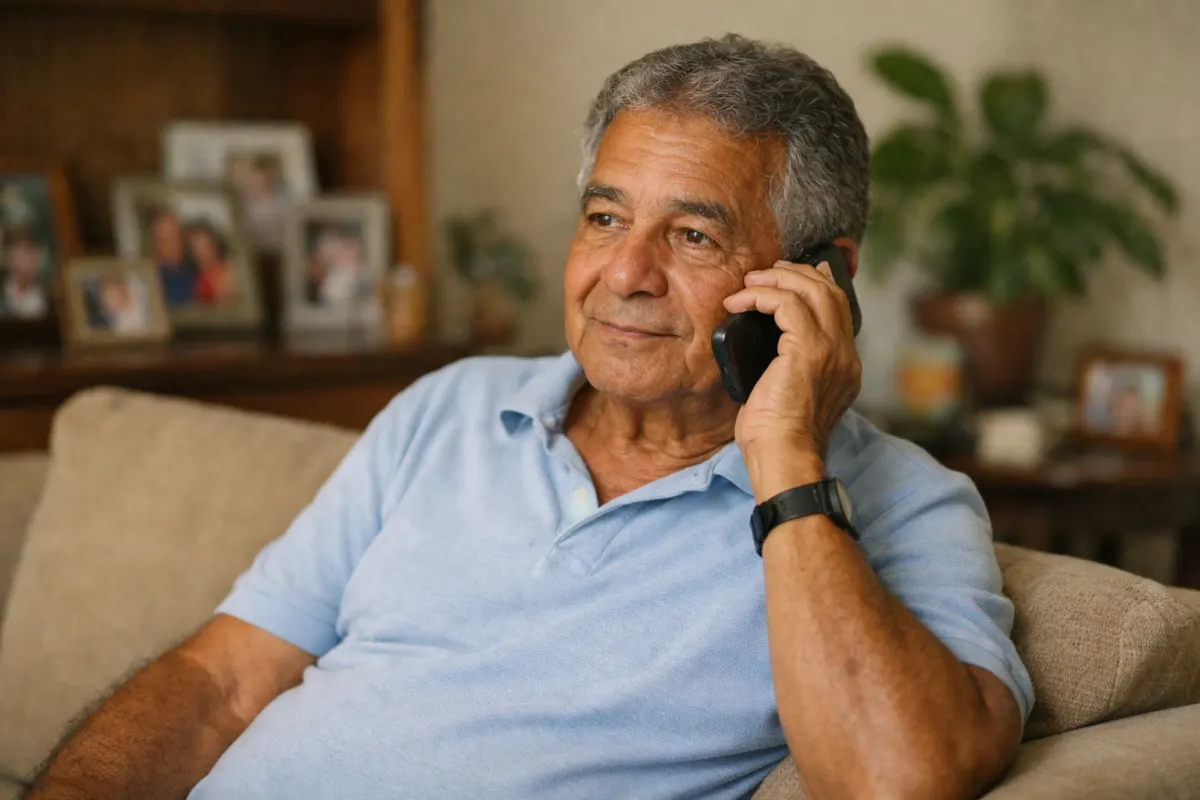 Senhor aposentado atendendo o celular na sala de casa