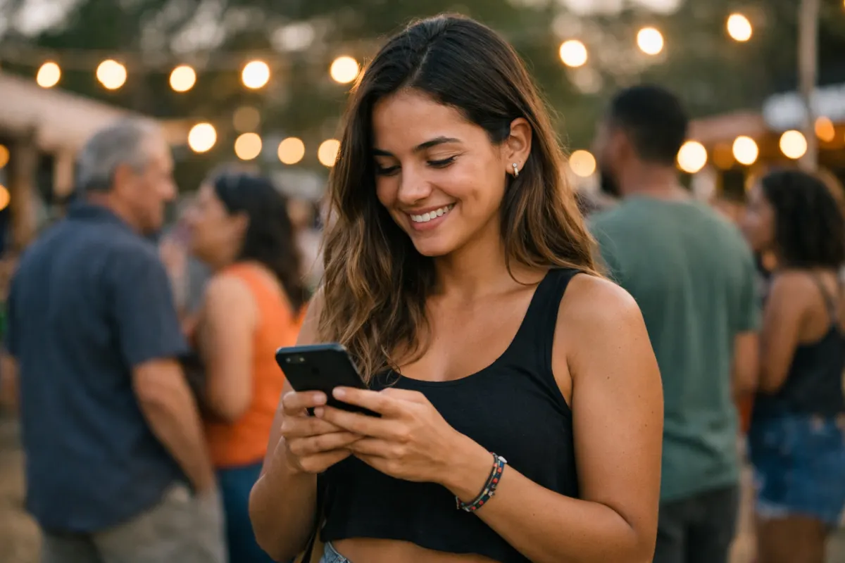 Jovem conferindo o celular na entrada de um evento ao ar livre